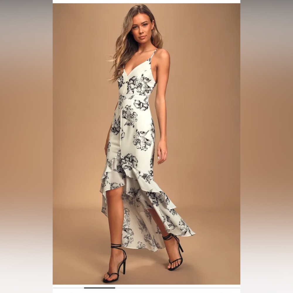 Lulus black and white floral print high low maxi dress